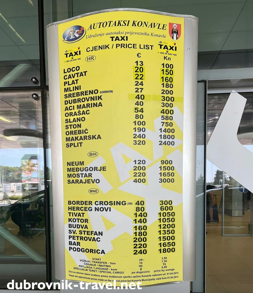 Taxi fares from Dubrovnik airport to frequently traveled locations