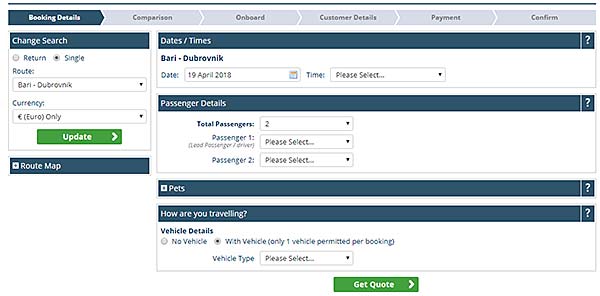 Online booking process ferry from Bari, Italy to Dubrovnik