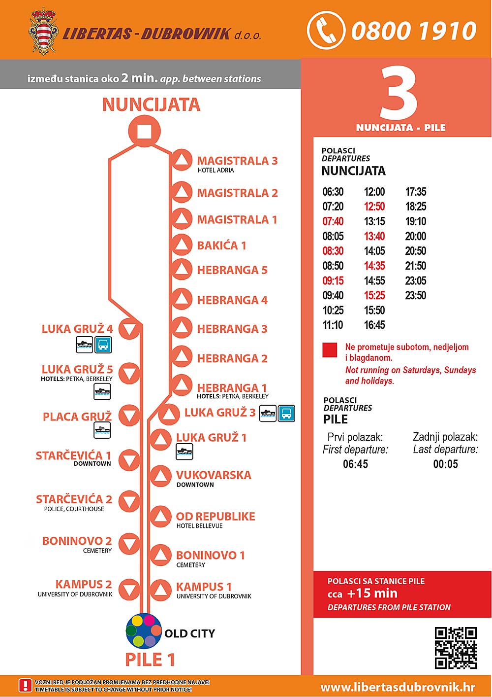 Dubrovnik Bus Line 3: From Nuncijata via Gruž, Boninovo to Pile (Old Town) and back via Vukovarska, Hebranaga and Magistrala