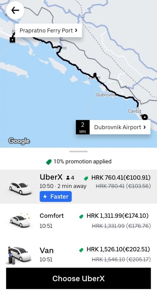 Dubrovnik Airport to Prapratno ferry port for ferry to Mljet island - Uber quote