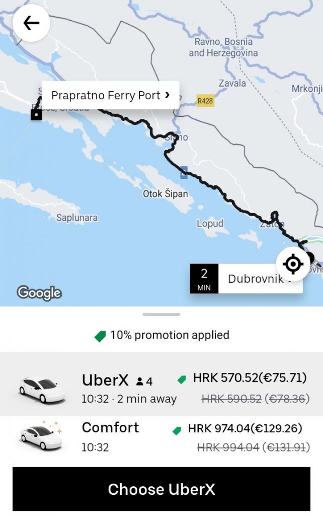 Uber quote for Prapratno ferry port (to Mljet island)