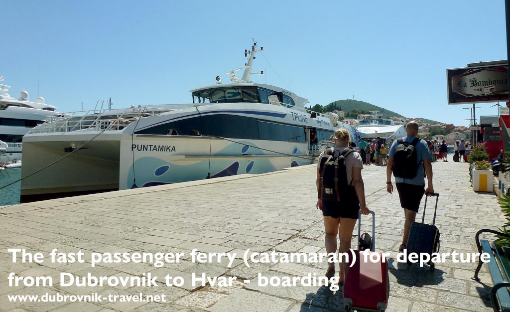 Approach and boarding the catamaran, a fast passenger ferry for departing from Dubrovnik to Hvar