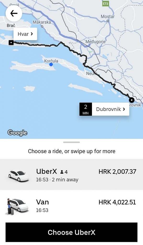 Uber quote for ride to Hvar Town