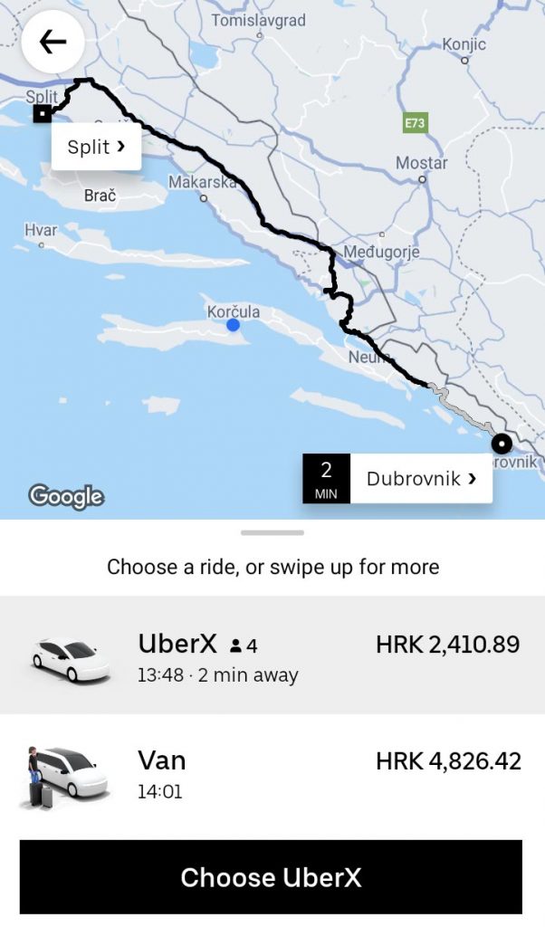 Uber quote for car ride