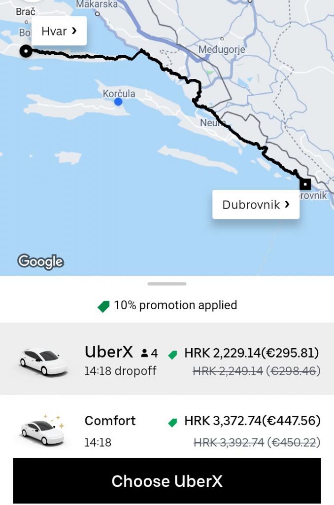 Uber quote for a ride to Dubrovnik