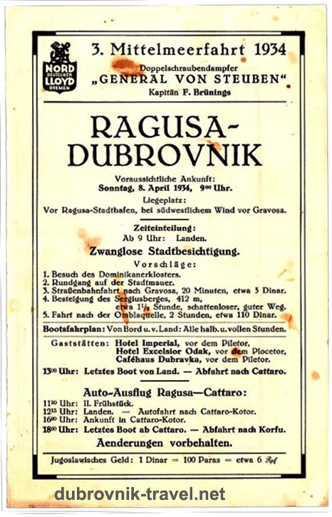 The front page of the brochure with details of the cruise ship itinerary